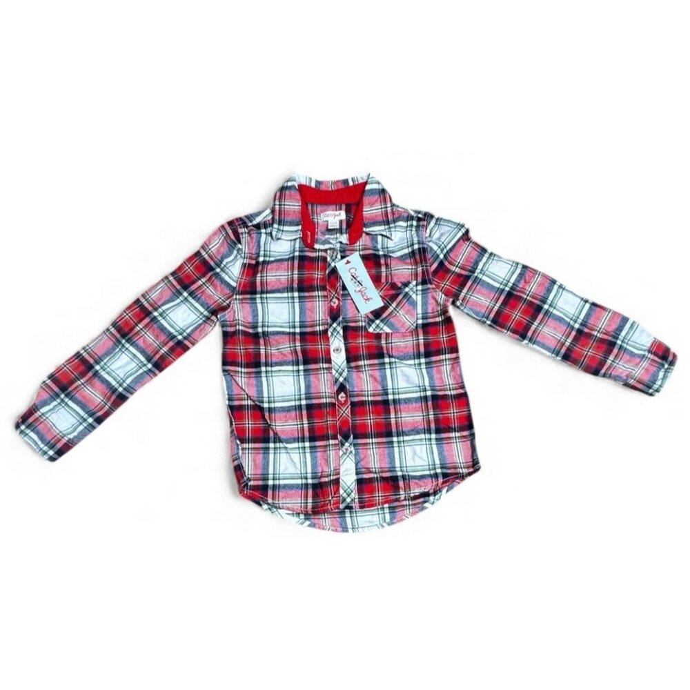 Cat & Jack Girls Flannel Button Front Long Sleeve Shirt Cream Red Plaid Size 7/8